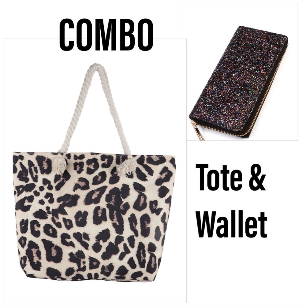 Leopard Print Tote & Black Glitter Sparkly Puffy Wallet - Combo - Special- NWT